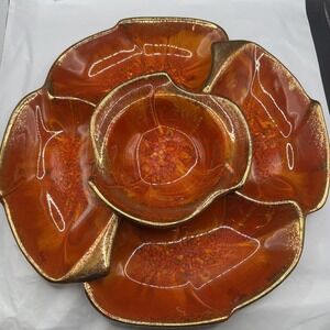 Vintage 1960s California Originals 3pc Chip Dip Set 146 Orange Drip Glaze Gold